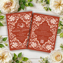 Brick Red Shabby Chic QR Anniversary Invitation