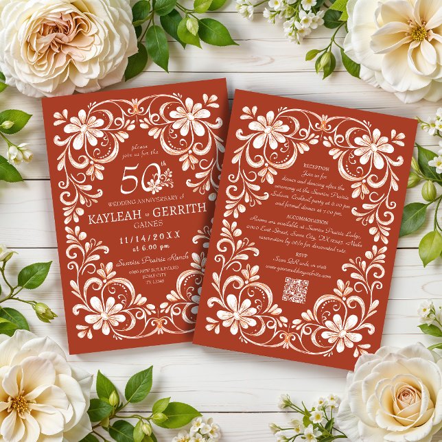 Brick Red Shabby Chic QR Anniversary Invitation (Creator Uploaded)