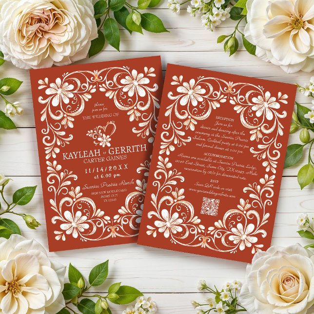 Brick Red Shabby Chic QR Wedding Invitation (Creator Uploaded)
