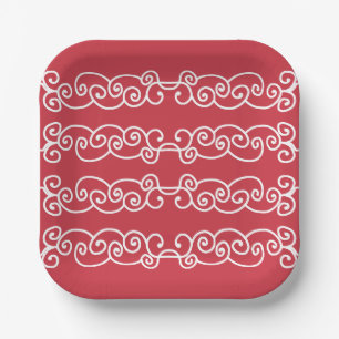 Brick red white scrolls paper plates