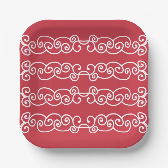 Brick red white scrolls paper plates (Front)