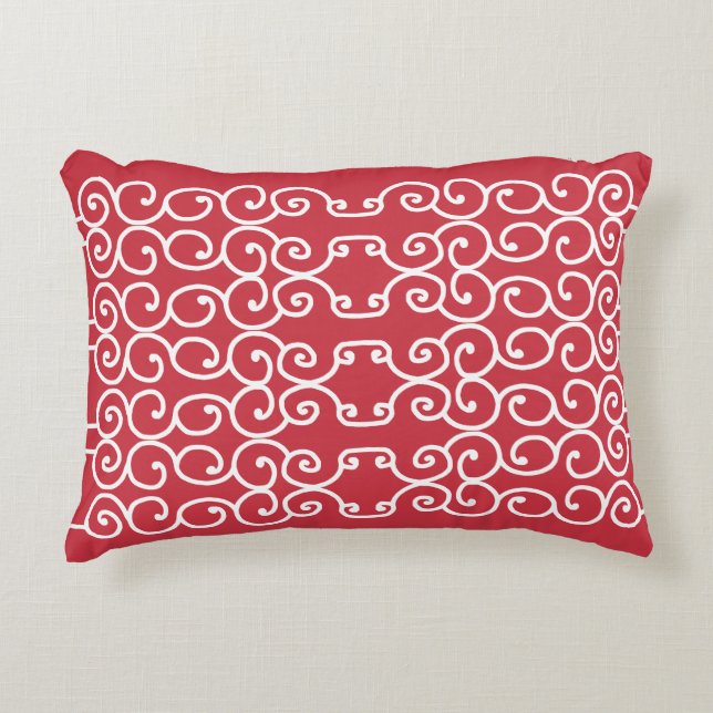 Brick red with white scrolls accent pillow (Front)