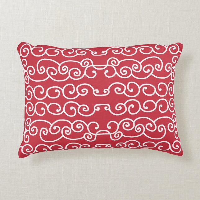 Brick red with white scrolls accent pillow (Front)