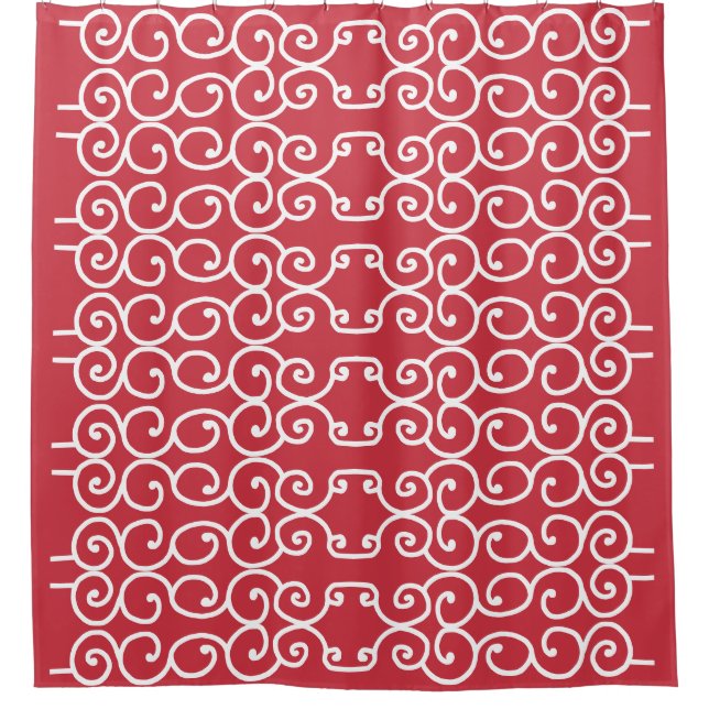 Brick red with white scrolls shower curtain (Front)