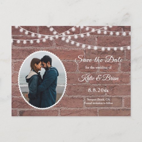 Brick wall and String Lights Save the Date Announcement Postcard