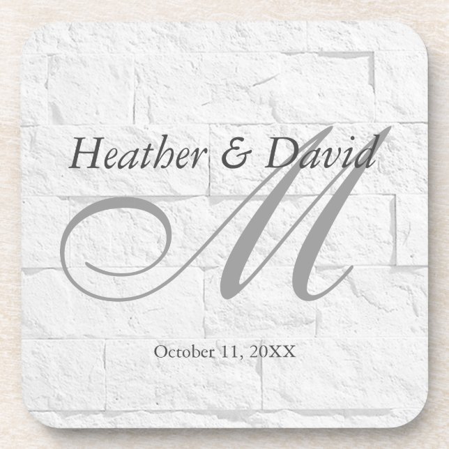 Brick Wall Calligraphy Script Monogram Wedding Beverage Coaster (Front)