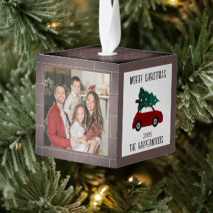 Brick Wall Christmas Tree Family 3 Photo Modern Cube Ornament