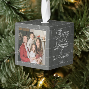 Brick Wall Christmas Tree Family 3 Photo Modern Cube Ornament