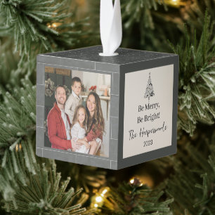 Brick Wall Christmas Tree Family 3 Photo Modern Cube Ornament