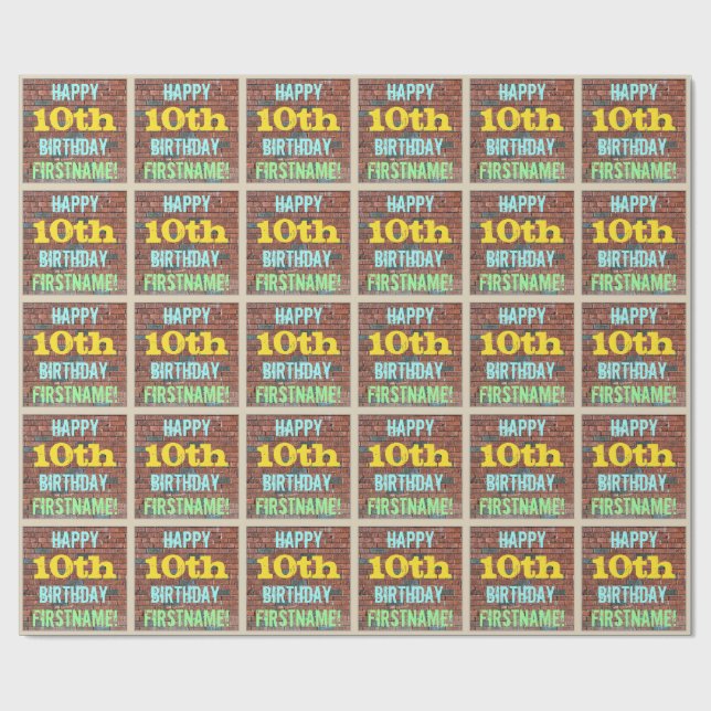 Brick Wall Graffiti Inspired 10th Birthday + Name Wrapping Paper (Flat)