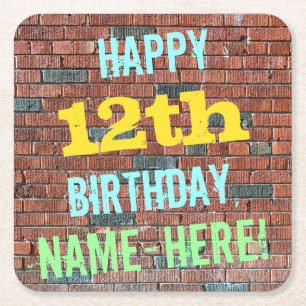 Brick Wall Graffiti Inspired 12th Birthday + Name Square Paper Coaster