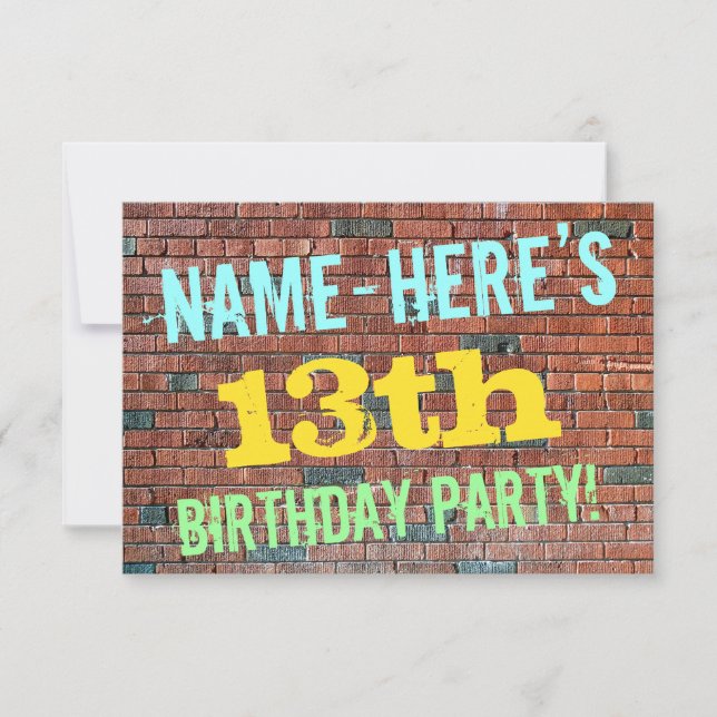 Brick Wall Graffiti Inspired 13th Birthday + Name Invitation (Front)