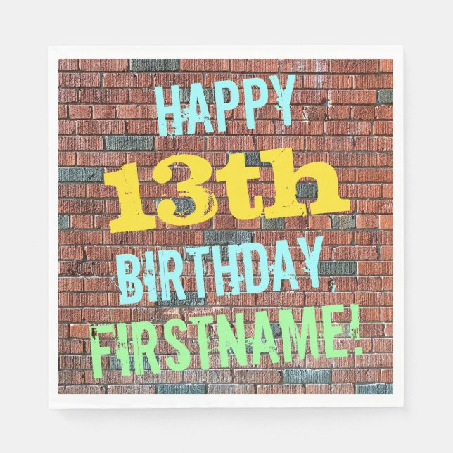 Brick Wall Graffiti Inspired 13th Birthday + Name Napkins (Front)