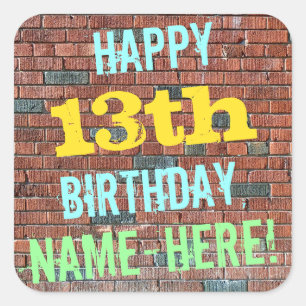 Brick Wall Graffiti Inspired 13th Birthday + Name Square Sticker