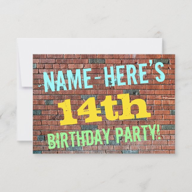 Brick Wall Graffiti Inspired 14th Birthday + Name Invitation (Front)