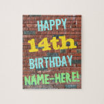 [ Thumbnail: Brick Wall Graffiti Inspired 14th Birthday + Name Jigsaw Puzzle ]