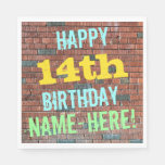 [ Thumbnail: Brick Wall Graffiti Inspired 14th Birthday + Name Paper Napkin ]