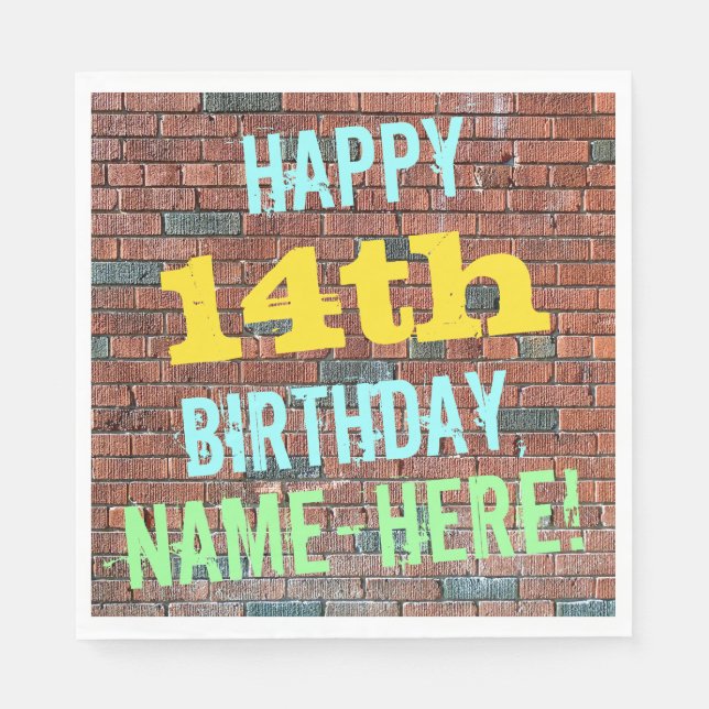Brick Wall Graffiti Inspired 14th Birthday + Name Paper Napkins (Front)