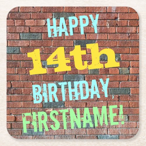 Brick Wall Graffiti Inspired 14th Birthday  Name Square Paper Coaster