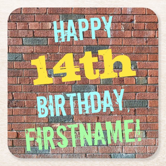 Brick Wall Graffiti Inspired 14th Birthday + Name Square Paper Coaster (Front)