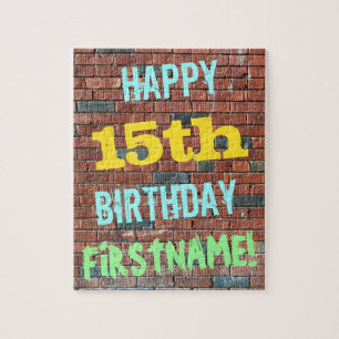 Brick Wall Graffiti Inspired 15th Birthday + Name Jigsaw Puzzle