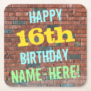 Brick Wall Graffiti Inspired 16th Birthday + Name Square Paper Coaster