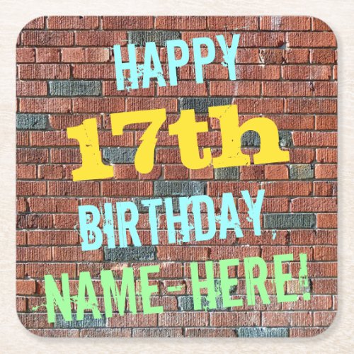 Brick Wall Graffiti Inspired 17th Birthday  Name Square Paper Coaster