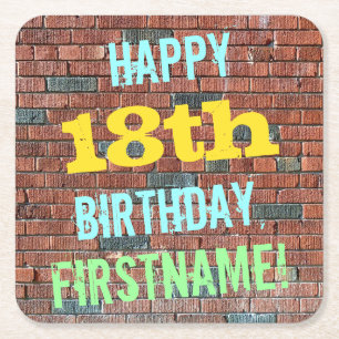 Brick Wall Graffiti Inspired 18th Birthday + Name Square Paper Coaster