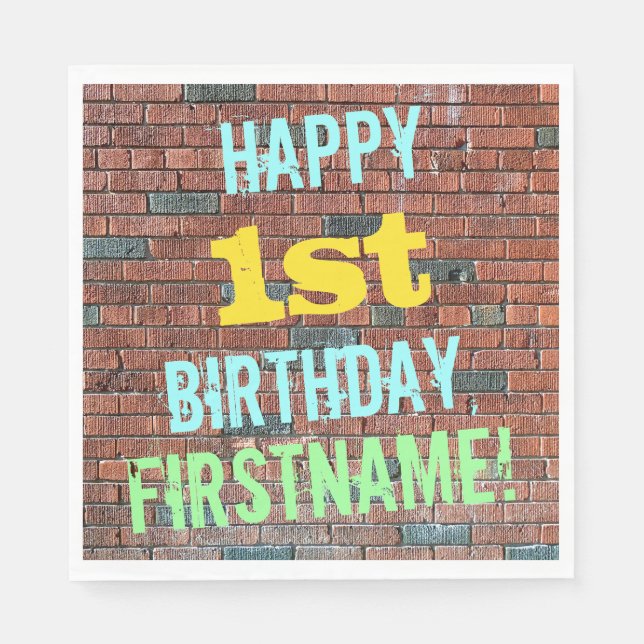 Brick Wall Graffiti Inspired 1st Birthday + Name Paper Napkins (Front)