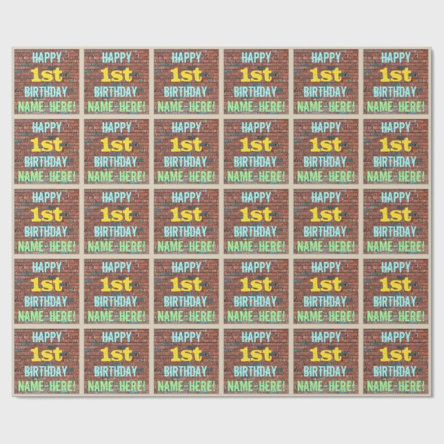 Brick Wall Graffiti Inspired 1st Birthday + Name Wrapping Paper (Flat)