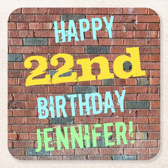 Brick Wall Graffiti Inspired 22nd Birthday + Name Square Paper Coaster (Front)