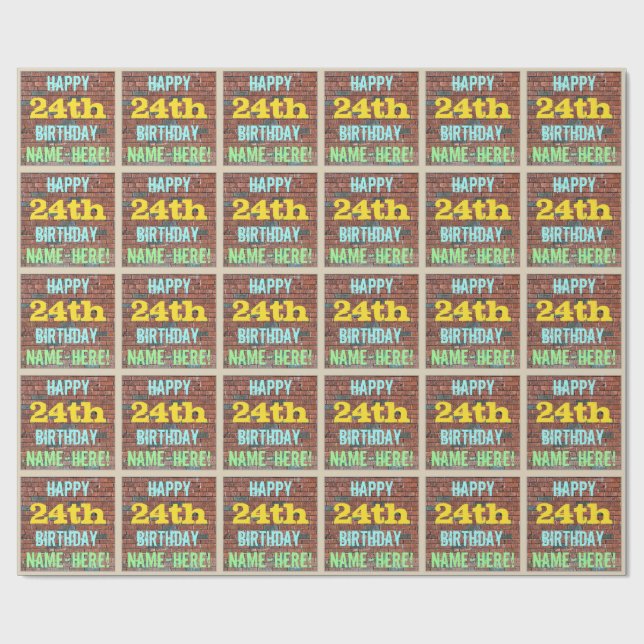 Brick Wall Graffiti Inspired 24th Birthday + Name Wrapping Paper (Flat)