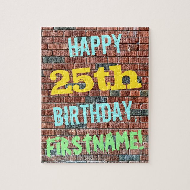 Brick Wall Graffiti Inspired 25th Birthday + Name Jigsaw Puzzle (Vertical)