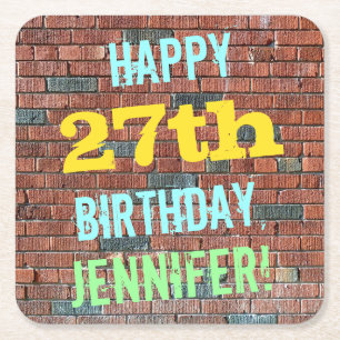 Brick Wall Graffiti Inspired 27th Birthday + Name Square Paper Coaster