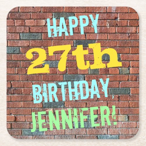 Brick Wall Graffiti Inspired 27th Birthday  Name Square Paper Coaster