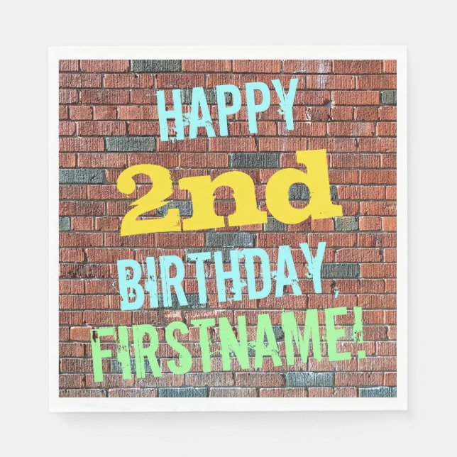 Brick Wall Graffiti Inspired 2nd Birthday + Name Paper Napkins (Front)