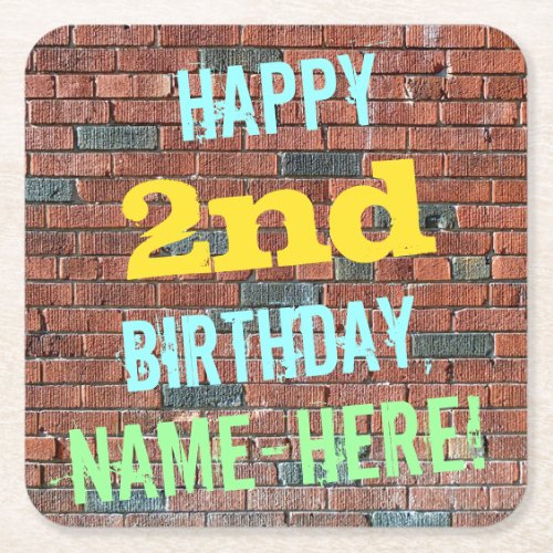 Brick Wall Graffiti Inspired 2nd Birthday  Name Square Paper Coaster