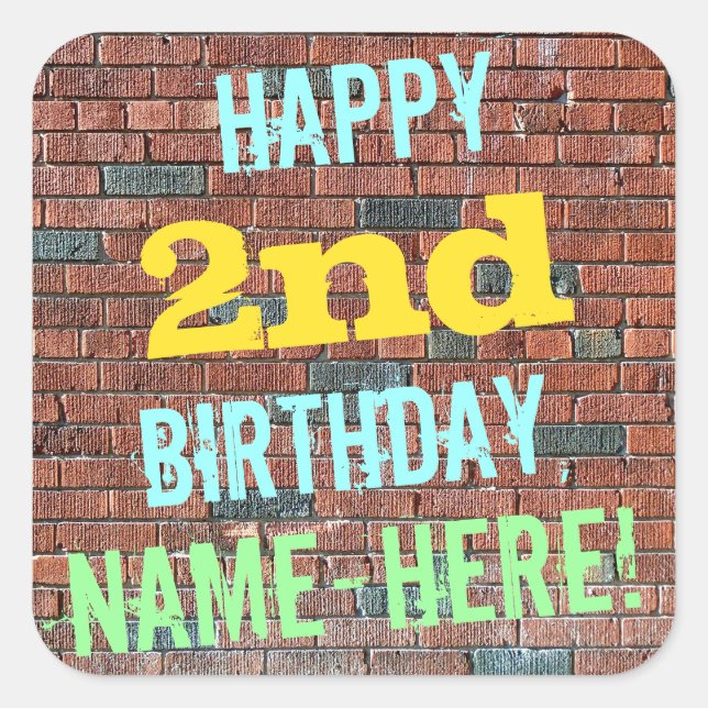 Brick Wall Graffiti Inspired 2nd Birthday + Name Square Sticker (Front)