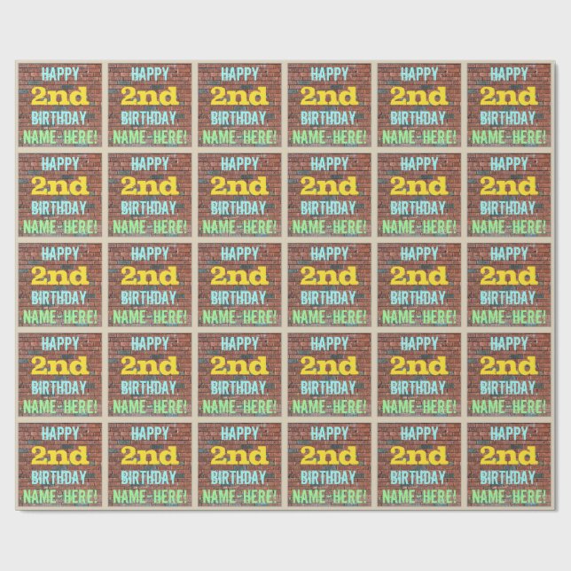 Brick Wall Graffiti Inspired 2nd Birthday + Name Wrapping Paper (Flat)