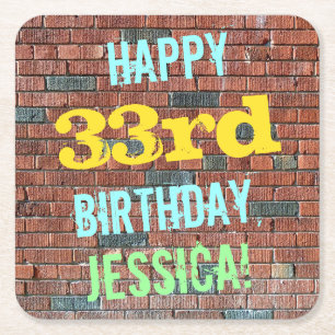 Brick Wall Graffiti Inspired 33rd Birthday + Name Square Paper Coaster