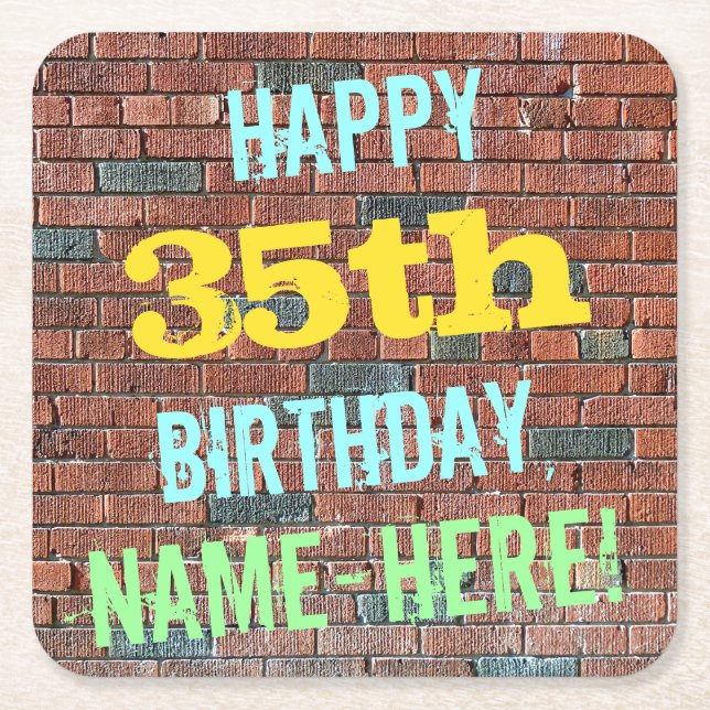 Brick Wall Graffiti Inspired 35th Birthday + Name Square Paper Coaster (Front)