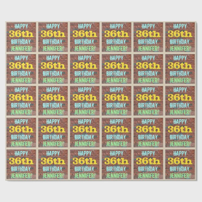 Brick Wall Graffiti Inspired 36th Birthday + Name Wrapping Paper (Flat)