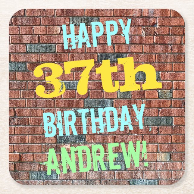 Brick Wall Graffiti Inspired 37th Birthday + Name Square Paper Coaster (Front)