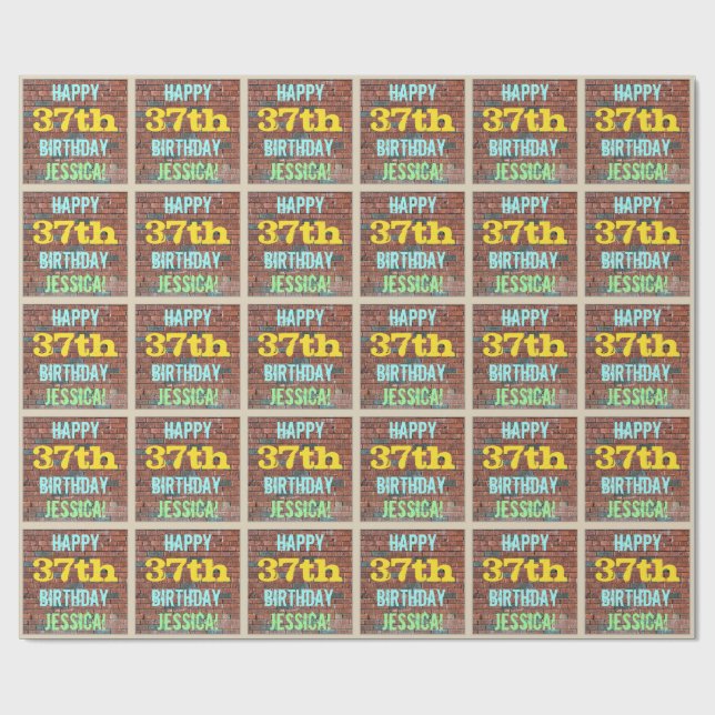 Brick Wall Graffiti Inspired 37th Birthday + Name Wrapping Paper (Flat)