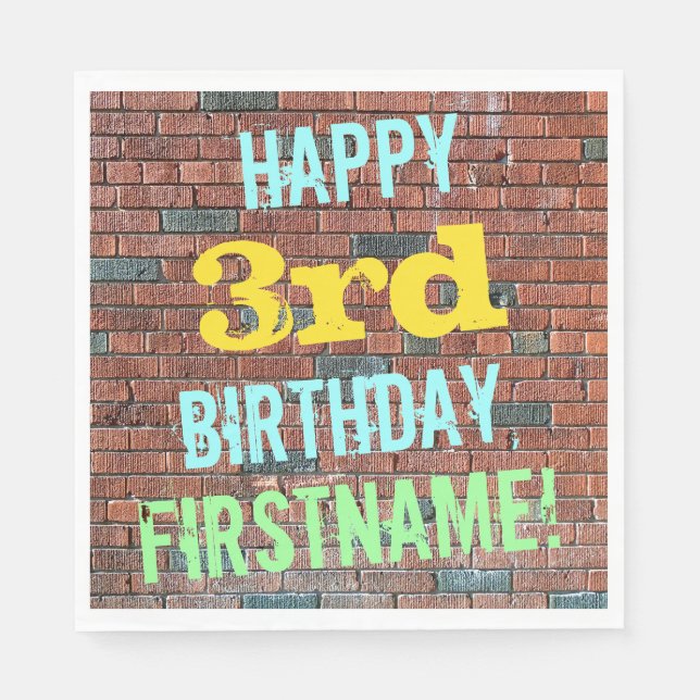 Brick Wall Graffiti Inspired 3rd Birthday + Name Paper Napkins (Front)