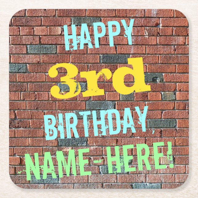 Brick Wall Graffiti Inspired 3rd Birthday + Name Square Paper Coaster (Front)