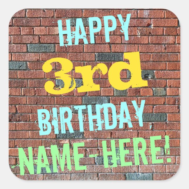 Brick Wall Graffiti Inspired 3rd Birthday + Name Square Sticker (Front)
