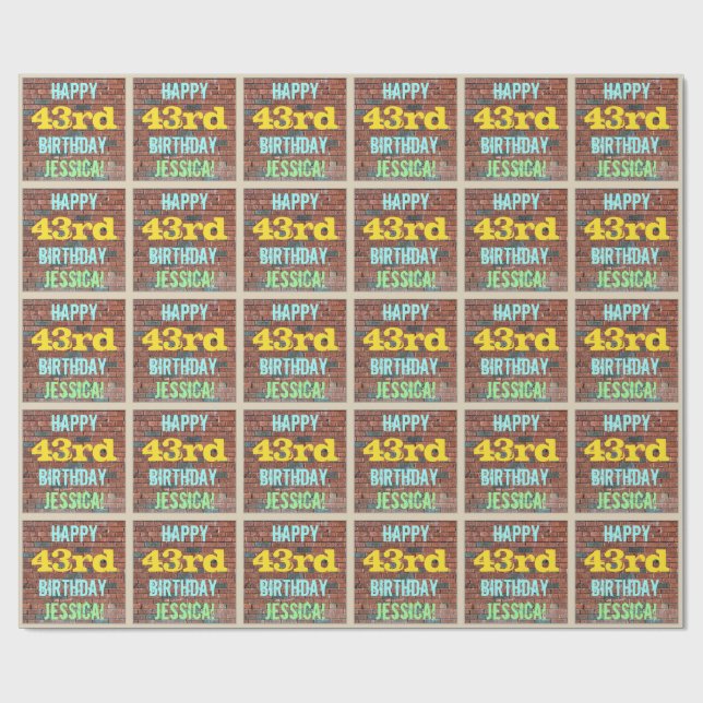 Brick Wall Graffiti Inspired 43rd Birthday + Name Wrapping Paper (Flat)