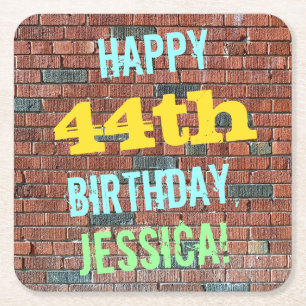Brick Wall Graffiti Inspired 44th Birthday + Name Square Paper Coaster