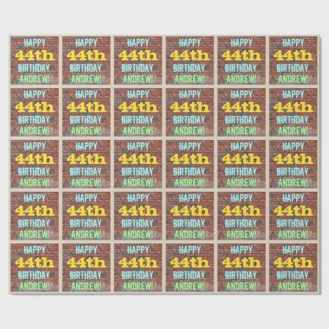 Brick Wall Graffiti Inspired 44th Birthday + Name Wrapping Paper (Flat)